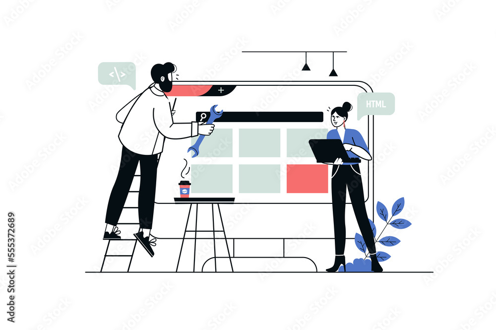 Poster Web development concept in flat line design. Man and woman create and optimize interface of website, places navigation buttons and settings. Illustration with outline people scene for web