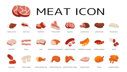 Meat flat icon Set.  Beef, pork and chicken meat.