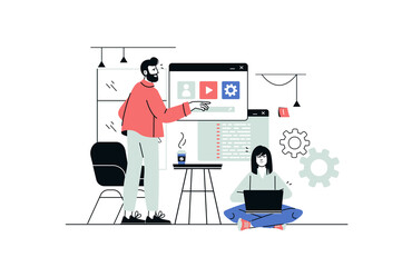 UI UX programming concept in flat line design. Development team creates user interface, arranges navigation buttons, optimizes applications. Illustration with outline people scene for web