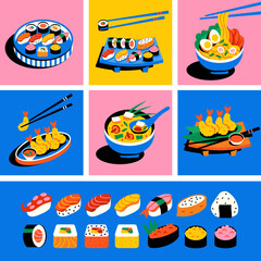 A set of Asian dishes. Asian food on plates with Chinese chopsticks. Sushi, miso soup, rolls