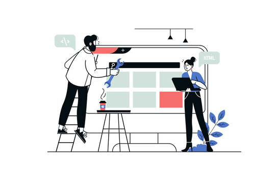 recommend clip art: Web development concept in flat line design. Man and woman create and optimize interface of website, places navigation buttons and settings. Illustration with outline people scene for web