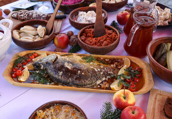 Christmas food on the table decorating with a white tablecloth
