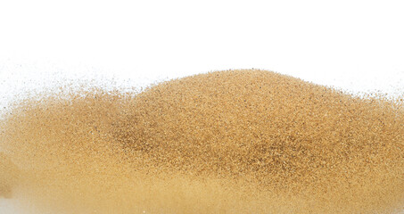Sand flying explosion, Golden sand wave explode. Abstract sands cloud fly. Yellow colored sand splash throwing in Air. White background Isolated high speed shutter, throwing freeze stop motion