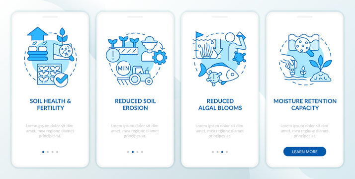 Ecological benefits blue onboarding mobile app screen. Farming walkthrough 4 steps editable graphic instructions with linear concepts. UI, UX, GUI template. Myriad Pro-Bold, Regular fonts used