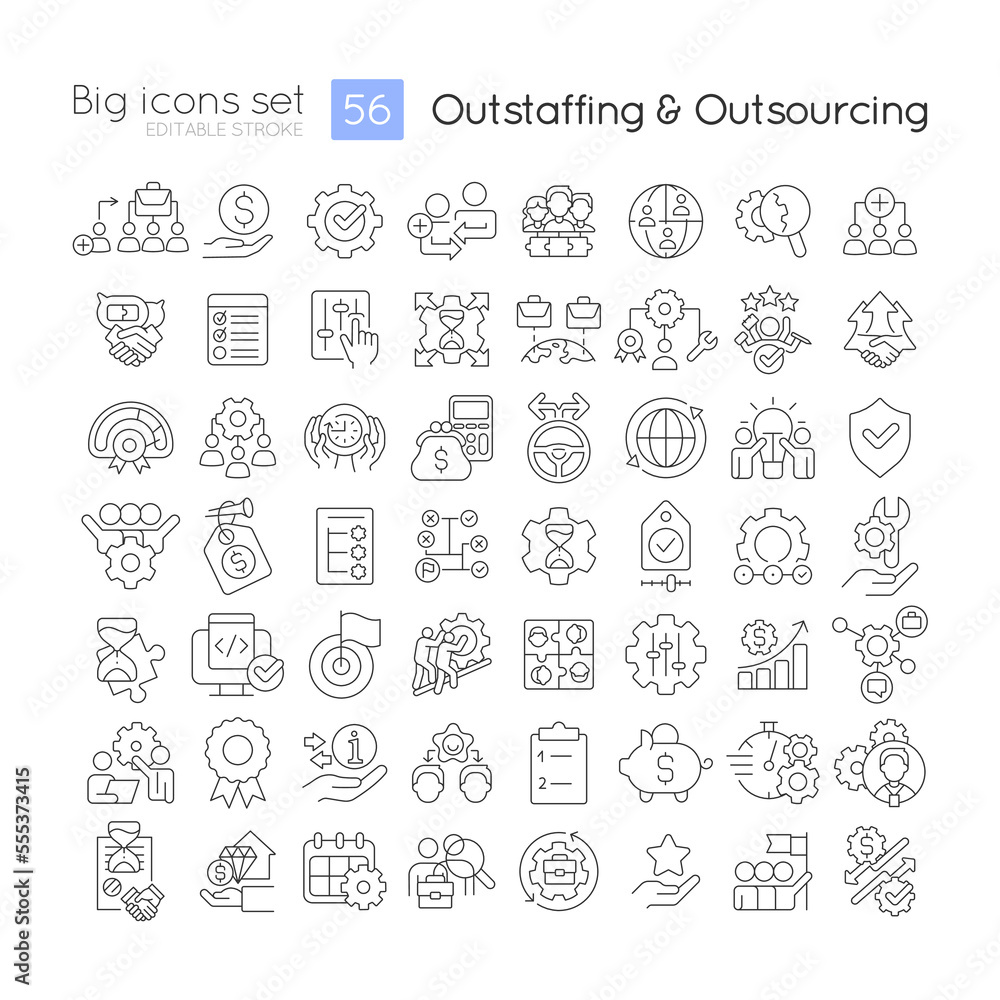 Poster managing contract workers linear icons set. recruiting remote employees. outsourcing. customizable t