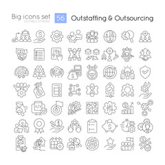 Managing contract workers linear icons set. Recruiting remote employees. Outsourcing. Customizable thin line symbols. Isolated vector outline illustrations. Editable stroke. Quicksand-Light font used