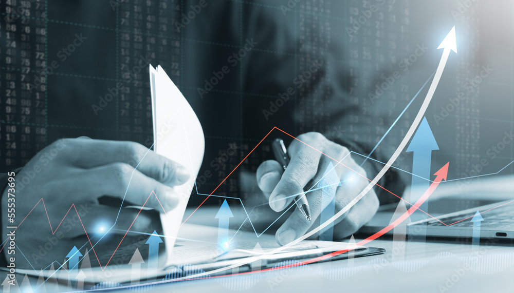 Poster planning analytics and business development. digital online marketing. businessman analyzing growth 
