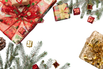 New Year and Christmas decorations, gift box with trees branches