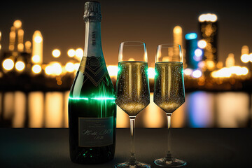 Happy New Year celebration, background ,Champagne or sparkling wine bottles and toasting glasses 
