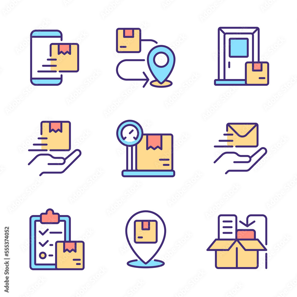 Poster orders management pixel perfect rgb color icons set. delivery service. parcels shipping. logistics. 