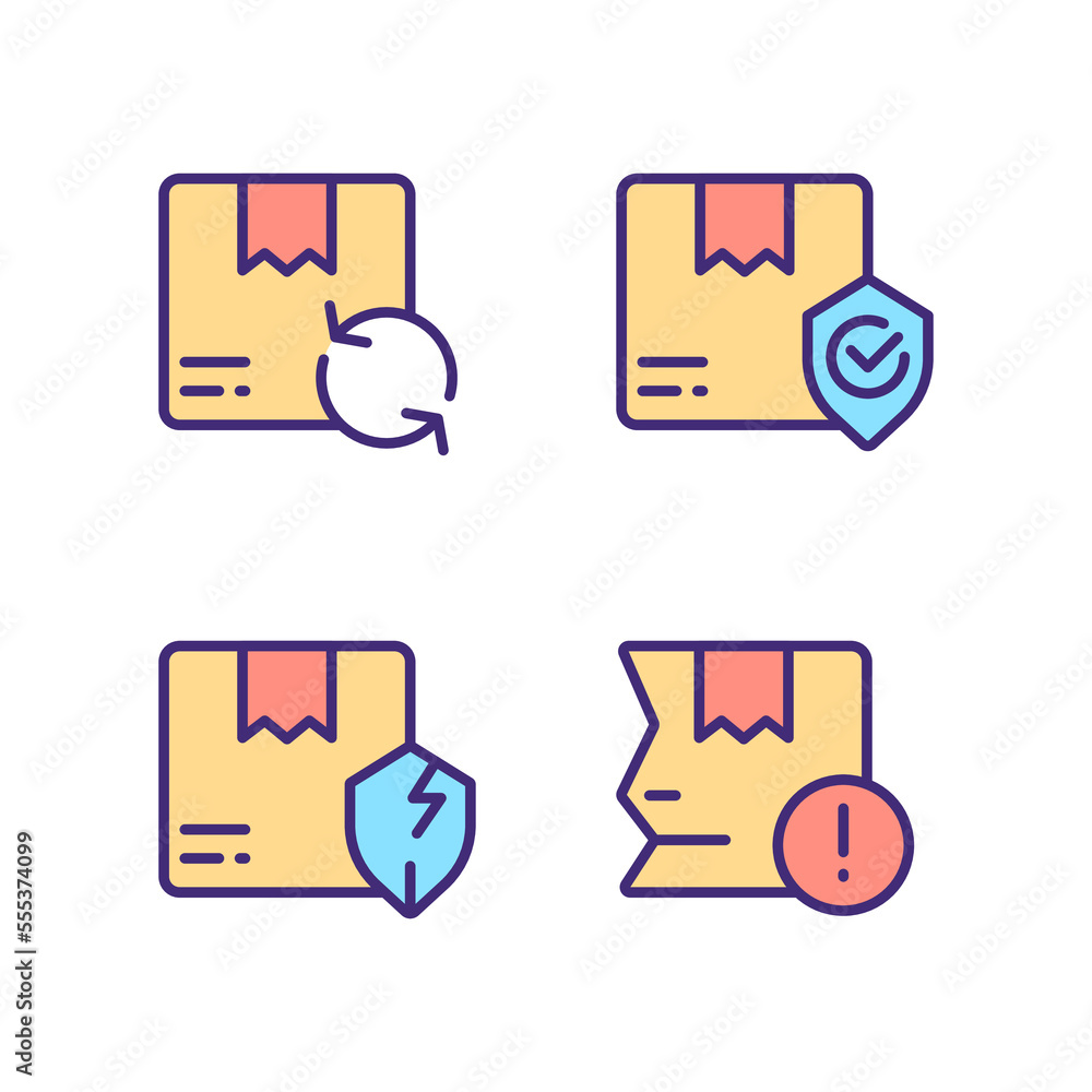 Poster Delivery features and issues pixel perfect RGB color icons set. Parcel damage. Shipment failure. Insecure box. Isolated vector illustrations. Simple filled line drawings collection. Editable stroke