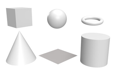 3D Illustration - A set of different 3D shapes (cube, ball, torso, cone, plane, cylinder).