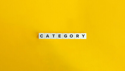 Category Banner and Word on Block Letter Tiles on Yellow Background. Minimal Aesthetics.