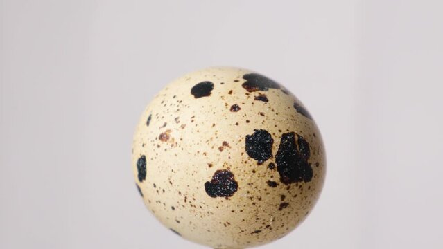 Quail eggs rotation on white background. Healthy food concept.