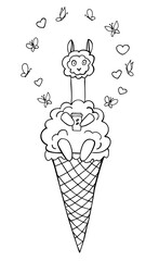 Cute outline llama ice cream isolated on white background. Perfect for coloring page, coloring book, print. Vector illustration. © Lida