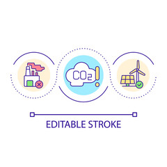 Reduce carbon emissions loop concept icon. Renewable energy source abstract idea thin line illustration. Manufacturing industry. Isolated outline drawing. Editable stroke. Arial font used