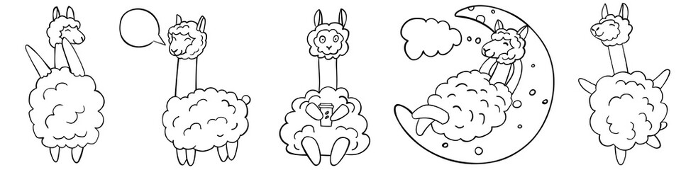Set of cute outline llama ice cream isolated on white background. Perfect for coloring page, coloring book, print. Vector illustration.