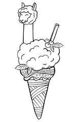 Cute outline llama ice cream isolated on white background. Perfect for coloring page, coloring book, print. Vector illustration. © Lida