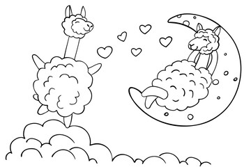 Fototapeta premium Two cute lamas in the clouds. Cute lama on the moon. Love card. Perfect for coloring page, coloring book, print. Vector illustration.