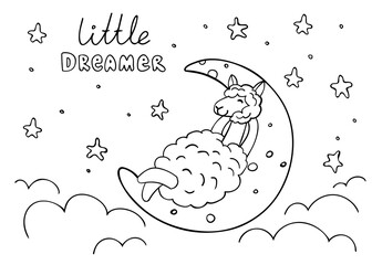 Outline cute llama lies on the moon isolated on white background. Little dreamer. Perfect for coloring page, coloring book, print. Vector illustration. © Lida