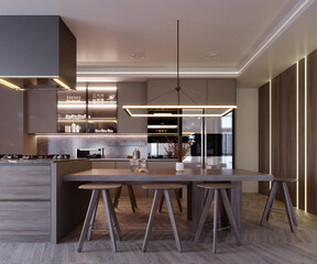3d rendering,3d illustration, Interior Scene and  Mockup,kitchen and dining corner,dark wood kitchen.