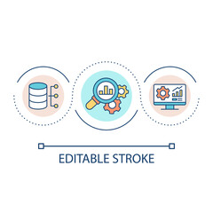 Evaluating computer system loop concept icon. Data analysis abstract idea thin line illustration. Diagnostics. Assessment reports. Isolated outline drawing. Editable stroke. Arial font used