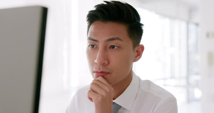 Asian businessman, thinking face or computer with financial planning ideas, company insurance strategy or Japanese investment growth. Finance worker, employee or technology for future security budget
