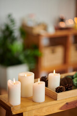 Burning candles and pine cones on wooden tray in spa salon