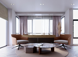 3d rendering,3d illustration, Interior Scene and  Mockup,living room interior modern,large sofa set,Black and white color tone.