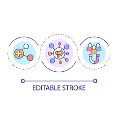 Fototapeta premium Promotional campaign loop concept icon. Add new advertise channels abstract idea thin line illustration. Social media marketing. Isolated outline drawing. Editable stroke. Arial font used