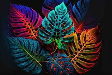Multicolored tropical leaves backlight neon. Abstract background with palm and tropical leaves, neon. AI