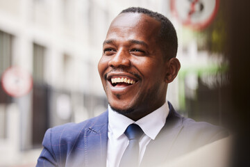 Business, black man and smile in city, success and happy outdoor for startup company, manager and...