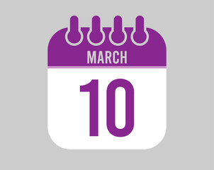 10 March calendar vector. Icon for March days in purple calendar
