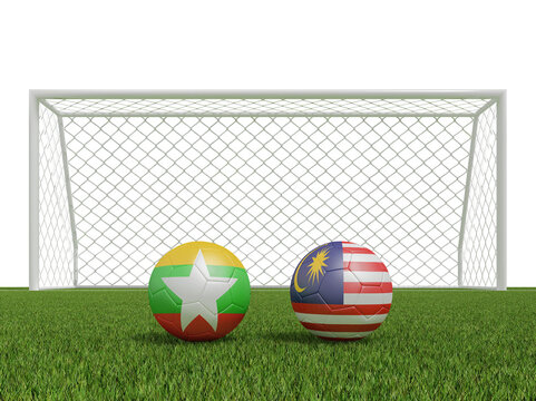 Footballs in flags colors on soccer field. Myanmar with Malaysia. 3d rendering
