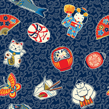 Cute Japanese icon and symbol stickers with kareakusa fabric background vector seamless pattern 