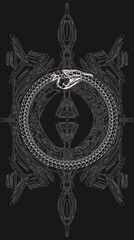 Tarot card back design. Ouroboros, serpent eating its own tail. Reverse side