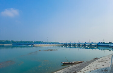 Fototapeta na wymiar Beautiful landscape view of Teesta Barrage, one of the most scenic places in Bangladesh. Bangladesh tourism. Teesta Barrage, West Bengal's multipurpose water taming project on Teesta.