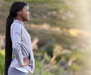 Black woman, athlete and in nature for peace, relax and fresh air for wellness, health and fitness. View, Jamaican female, girl and runner rest, mountain and confident with workout, zen and calm.