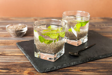 Healthy breakfast or morning with chia seeds and mint on table background, vegetarian food, diet and health concept. Chia pudding with and mint