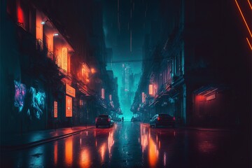 Night neon city, reflection of neon light on wet pavement. Dark street of a big city at night, neon signs, cars. AI