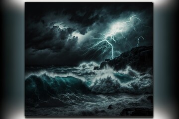 Night sea dramatic landscape with a storm. Night storm on the ocean. Gloomy giant waves and lightning. Dark cloudy sky above the water. AI