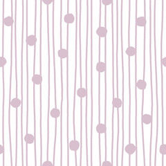 Stylised snowfall in lilac. Lavender polka dot and uneven stripes on white background. Hand drawn seamless pattern. For wallpaper, textile, wrapping paper, packaging design and interior decoration