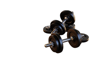 Black rubber metal Dumbbell with shadow, illustration isolated on white background. Gym, fitness and sports equipment symbol, png.