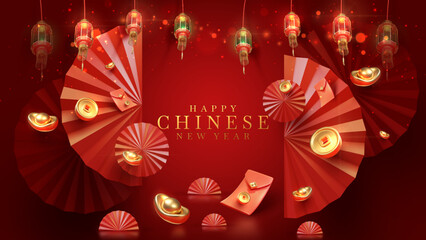 3d realistic chinese new year ornaments with light effect decorations and bokeh on red background.