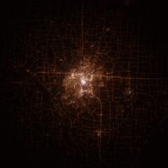 Columbia (Missouri, USA) street lights map. Satellite view on modern city at night. Imitation of aerial view on roads network. 3d render