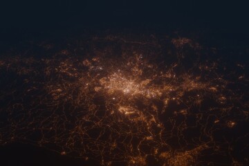 Aerial shot on Jerusalem (Israel) at night, view from east. Imitation of satellite view on modern city with street lights and glow effect. 3d render