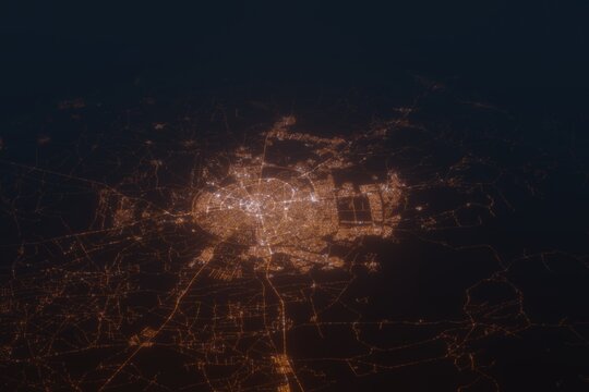 Aerial shot of Erbil (Iraq) at night, view from south. Imitation of satellite view on modern city with street lights and glow effect. 3d render