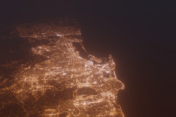 Aerial shot of San Diego (California, USA) at night, view from north. Imitation of satellite view on modern city with street lights and glow effect. 3d render