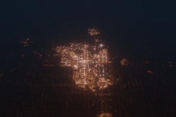 Aerial shot of Calgary (Canada) at night, view from south. Imitation of satellite view on modern city with street lights and glow effect. 3d render