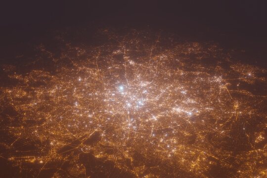 Aerial shot of Paris (France) at night, view from north. Imitation of satellite view on modern city with street lights and glow effect. 3d render
